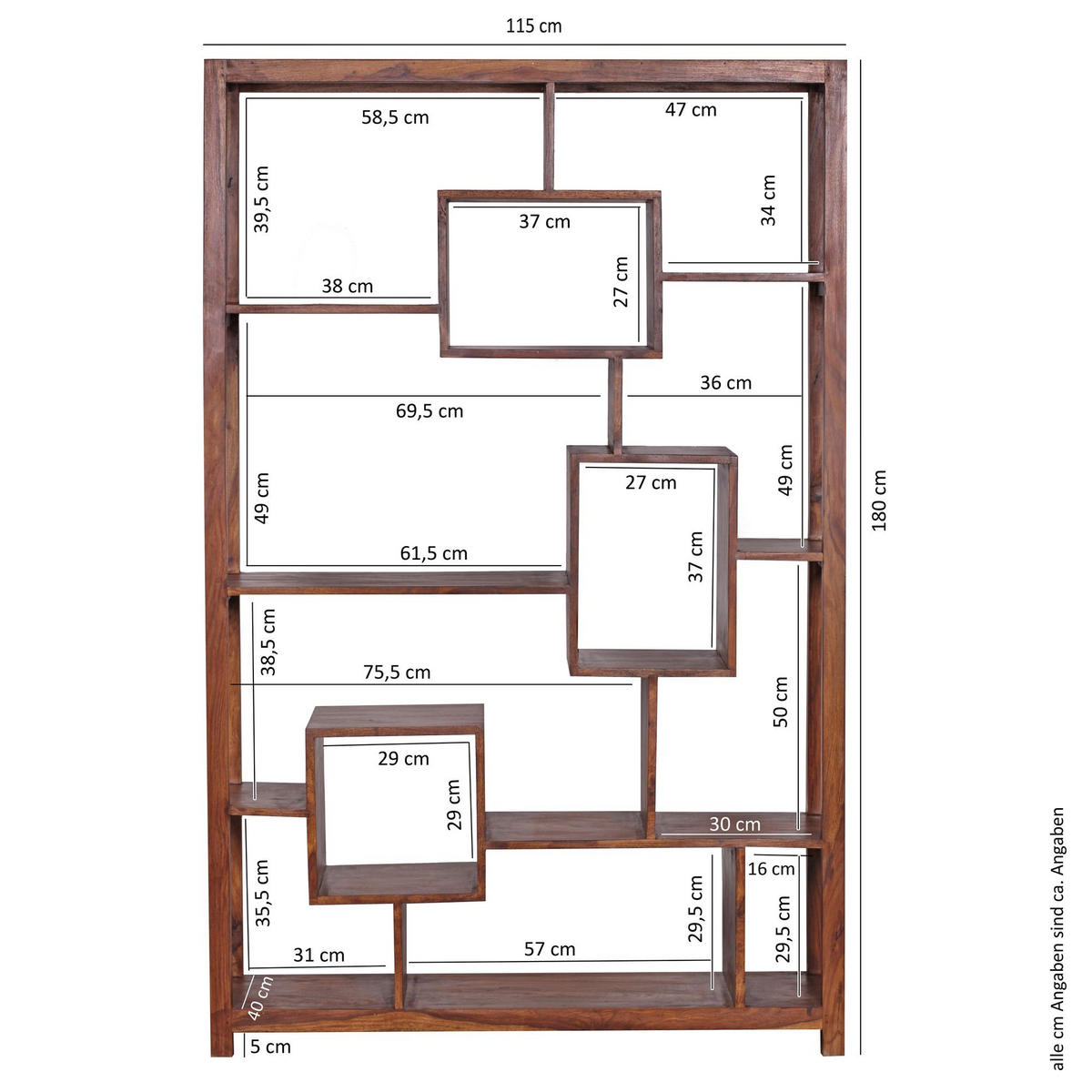 BÜCHERREGAL – Naturholz, 115x180 cm, Landhausstil, mit Ablagefächern - Braun, Holz (115/180/40cm) - KADIMA DESIGN
