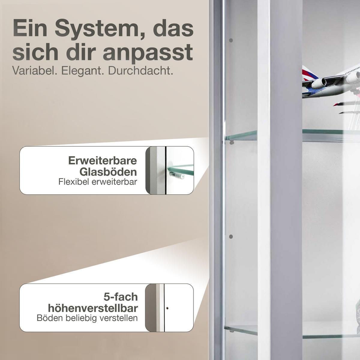 HÄNGEVITRINE 25/60/80 cm mit 2 höhenverstellbaren Glasböden - Transparent/Silberfarben, Glas/Holzwerkstoff (60/80/25cm) - K-Möbel