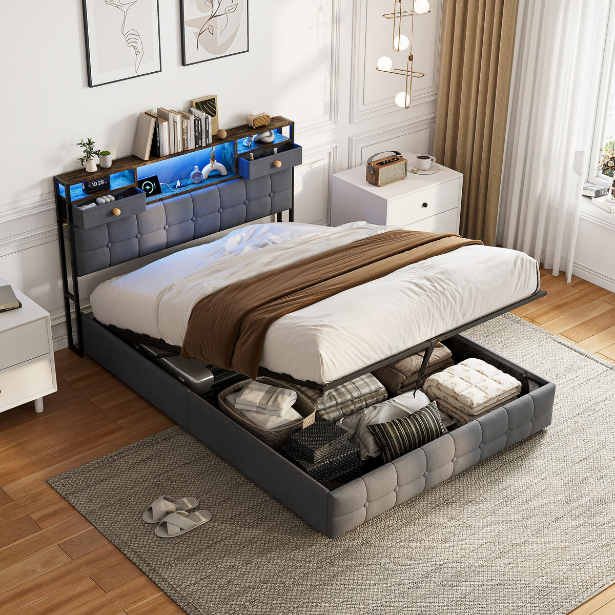 POLSTERBETT 140x200cm grau mit LED - Grau, Holz - SHOPENTRA