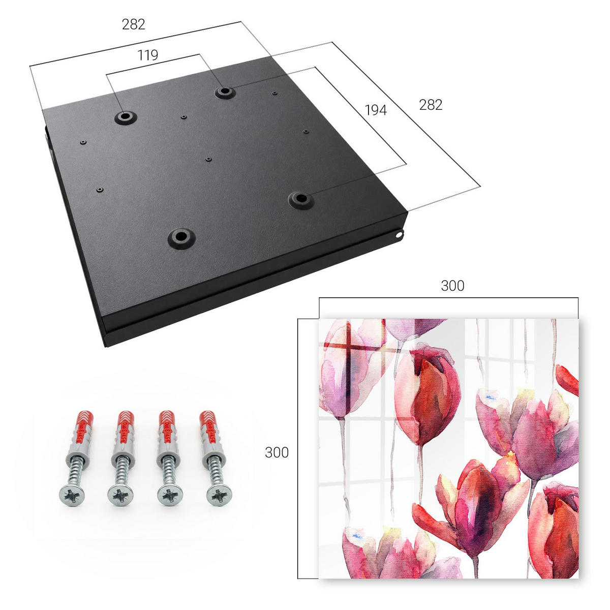 SCHLÜSSELBOX Schwarz 30x30 cm- Türöffnung nach rechts - Aquarell-Tulpen - Rot, Metall (30/30/5cm) - TULUP