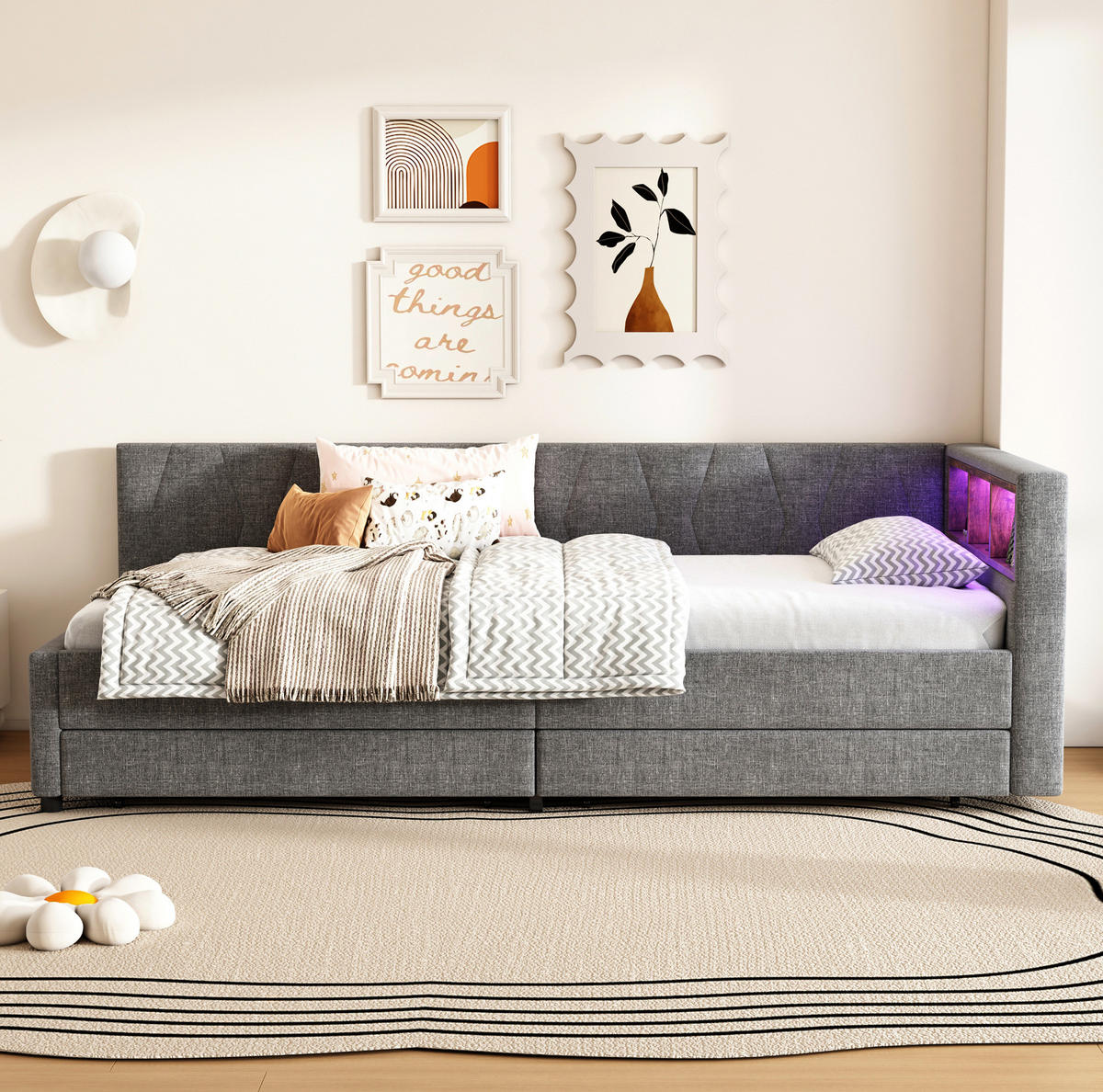 POLSTERBETT 90/200 cm Grau aus Leinen mit LED-Beleuchtung und Stauraum - Grau, Textil (90/200cm) - OKMYHOME