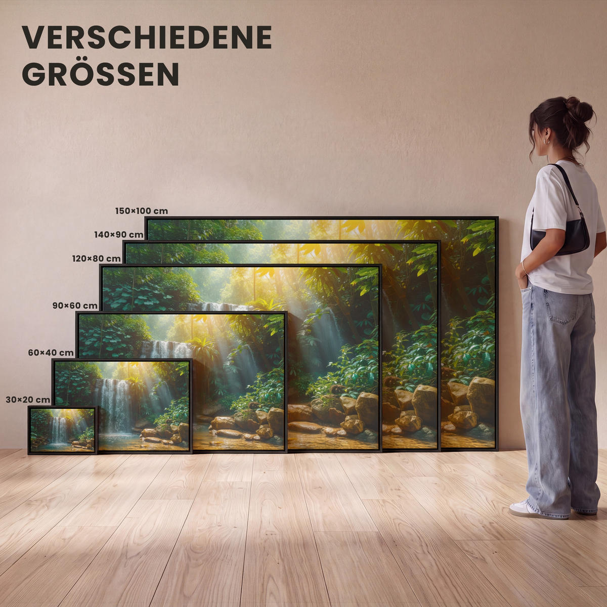 LEINWAND Bilder mit Rahmen - Wasserfall - Dschungel - Sonne - Grün - Natur - 120x80 - Grün, Textil (120/80cm) - MuchoWow