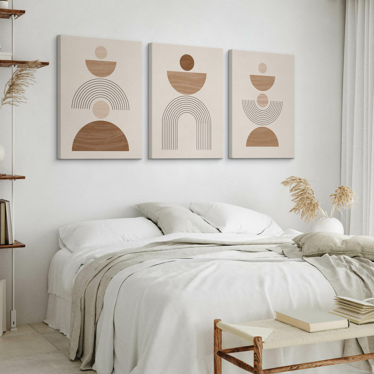 LEINWANDBILDER 3-er Set Geo-Muster Boho - Beige/Weiß, Textil (90/40cm) - Muralo
