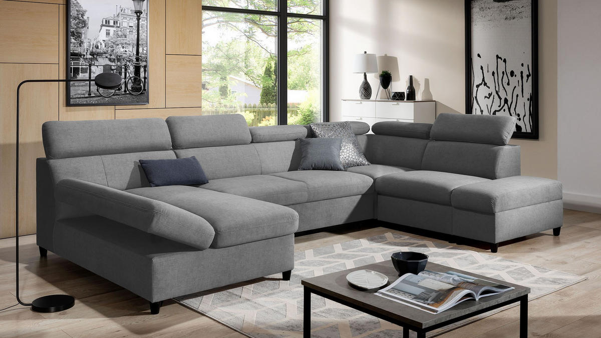 WOHNLANDSCHAFT Olettio Grau 342/205/96 cm – großes Sofa mit Schlaffunktion R - Schwarz/Grau, Holz/Textil (342/96/205cm) - AX Living
