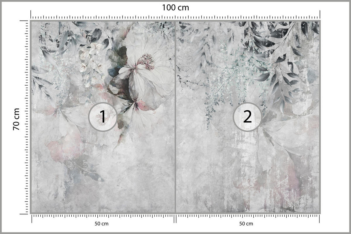 FOTOTAPETE für Büro Zarte Blätter Grau Betonwand Blumen Natur 100x70 - Grau, Papier (100/70cm) - Muralo