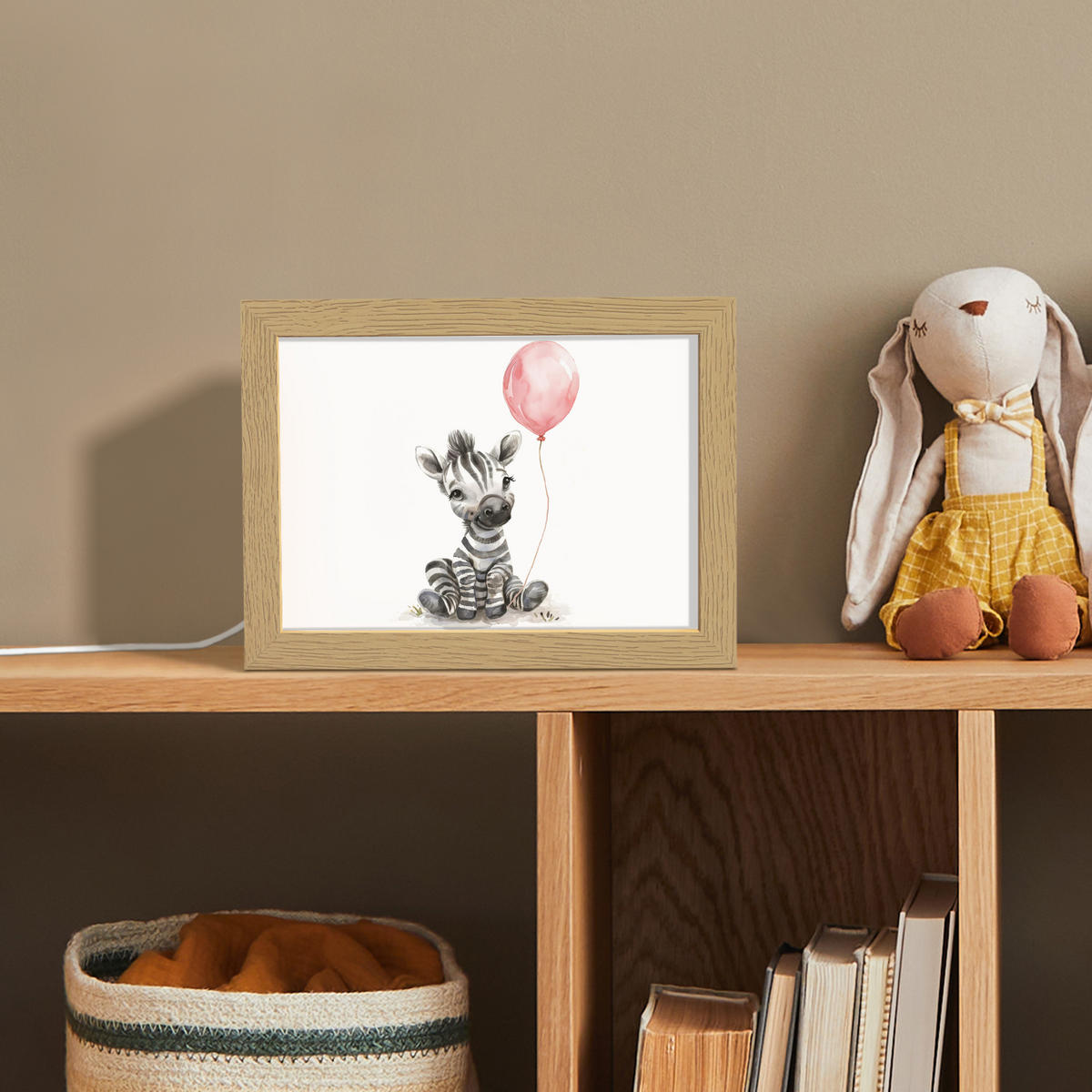 NACHTTISCHLAMPE Zebra - Baby - Tiere - Rosa Luftballon 20x15 cm - Weiß, Holzwerkstoff (8/20/15cm)