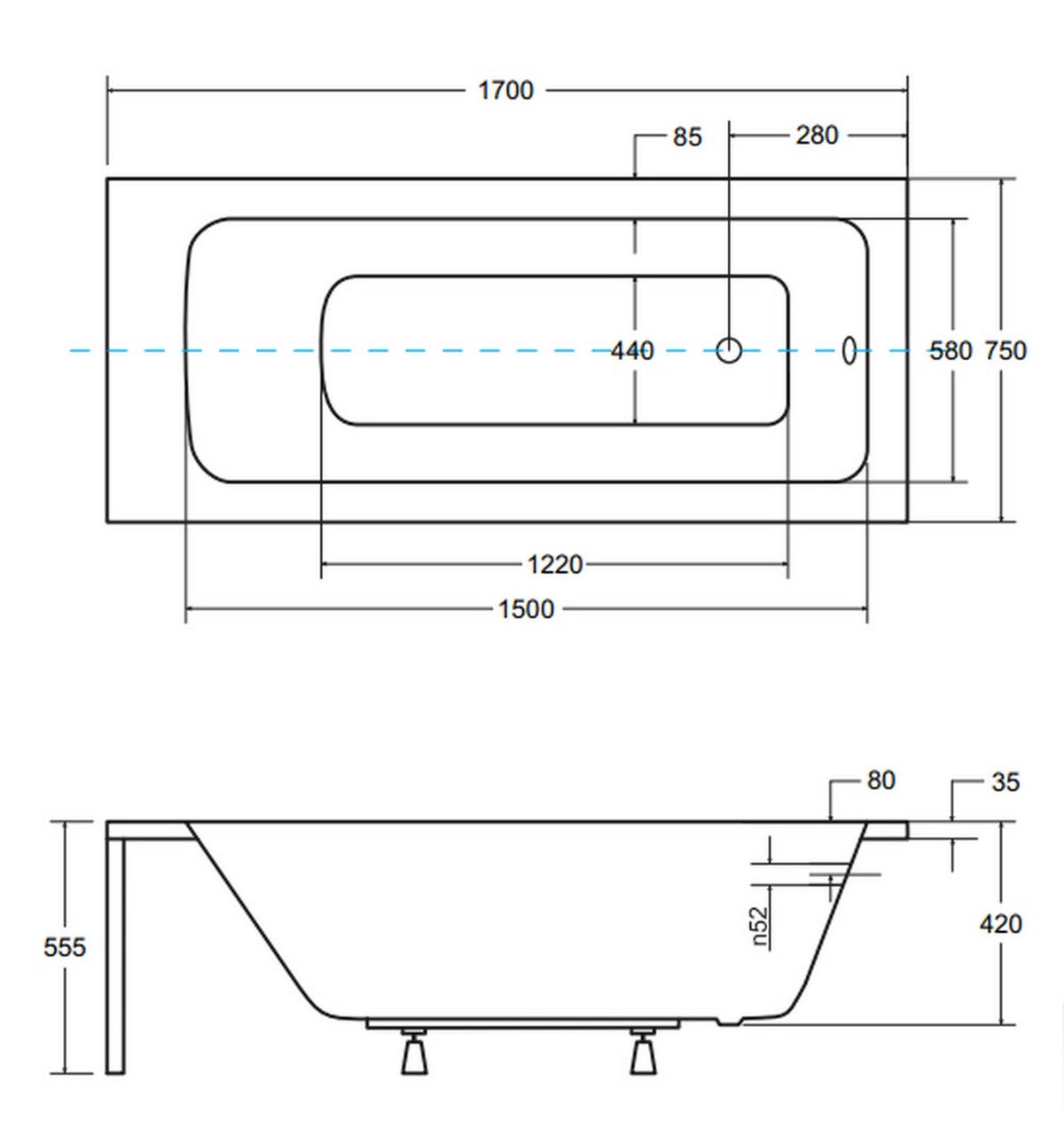 BADEWANNE Rechteck TALIA 170/75 + Träger + Ablage + Kopfstütze Ablauf Füße - Weiß, Kunststoff (75/55.5/170cm) - bad land