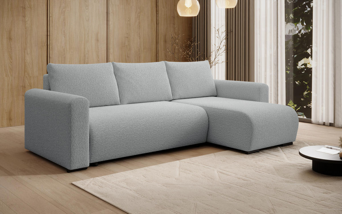 ECKSOFA DORA L, Eckcouch in L-Form mit Schlaffunktion und Bettkasten, Farbe: Grau, Bouclé-Stoff, Ottomane Rechts - Grau, Textil (240/143cm) - Storez24