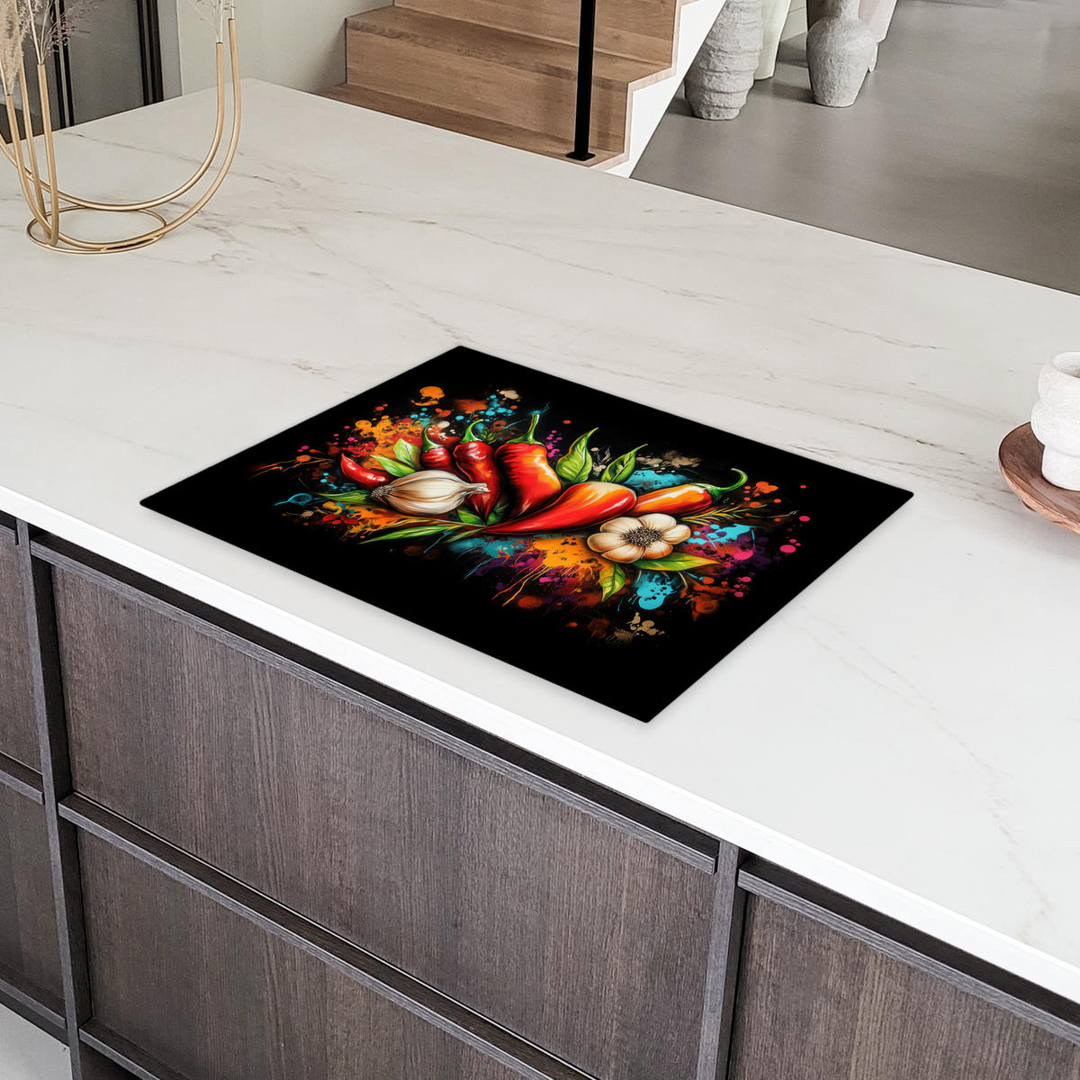 HERDABDECKPLATTE Gemüse - Paprika - Knoblauch - Graffiti - Farbe - Bunt 71x52 cm - Rot, Kunststoff (71/0.2/52cm) - MuchoWow