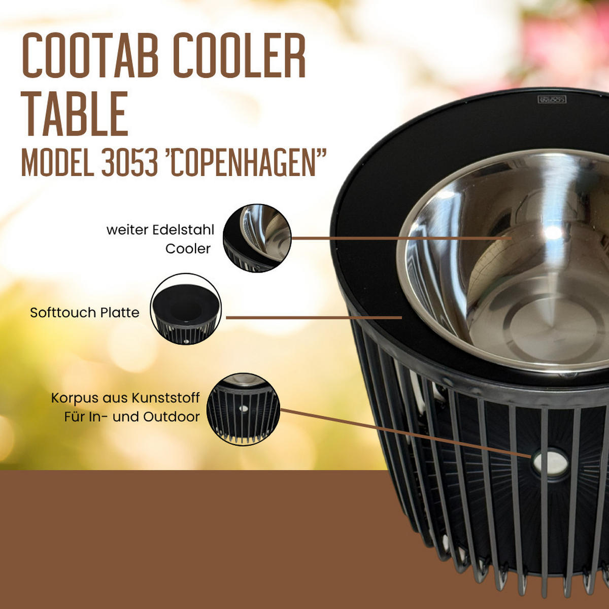 BEISTELLTISCH MIT EDELSTAHL-BIERKÜHLER Copenhagen schwarz 45 cm - Schwarz, Kunststoff (45/45/45cm) - COOTAB Cooler Table