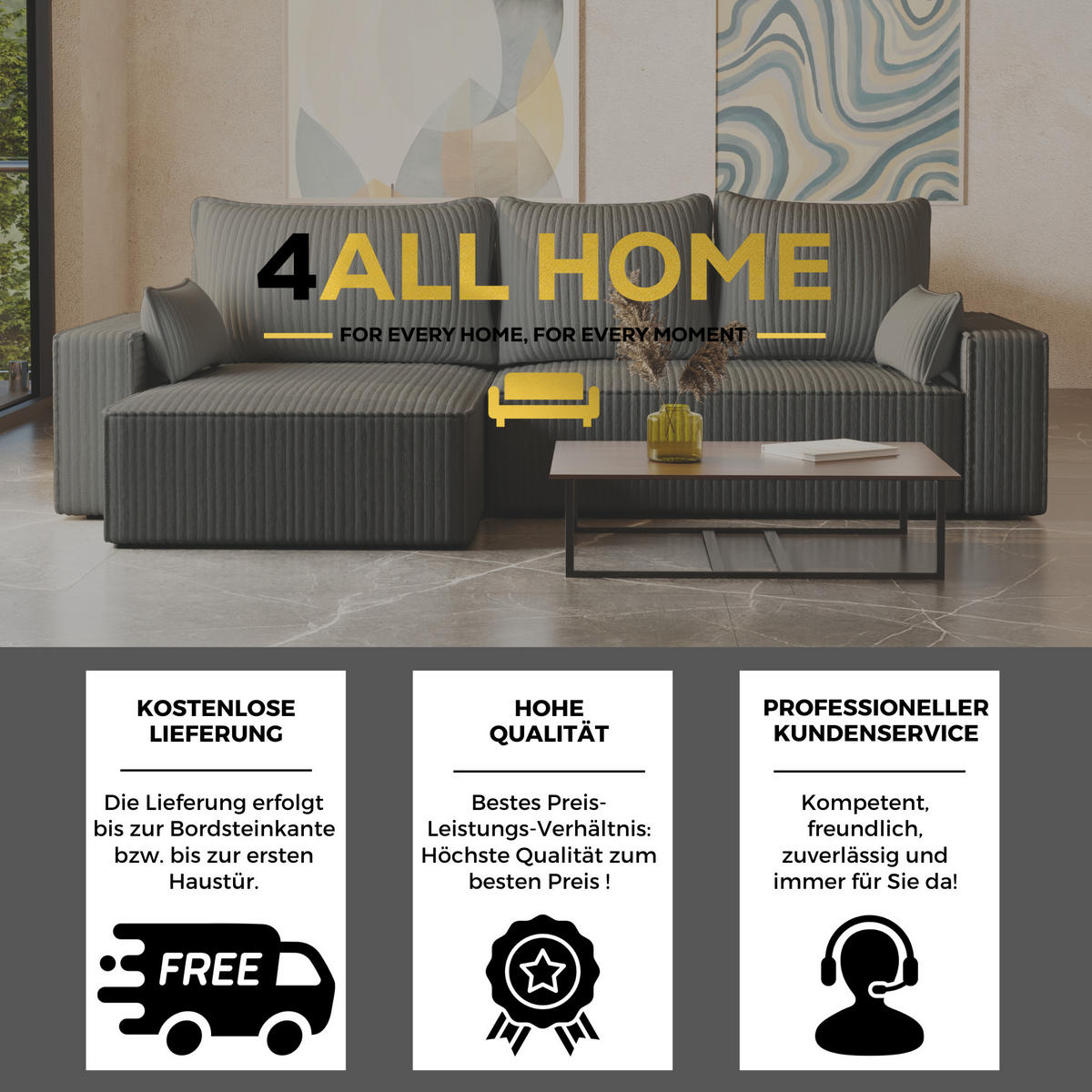 ECKSOFA Tobi mit Bettkasten und Schlaffunktion, L-Form/XL-Form, Cordstoff, Universal - Grau, Holzwerkstoff (276/145cm) - 4ALL HOME