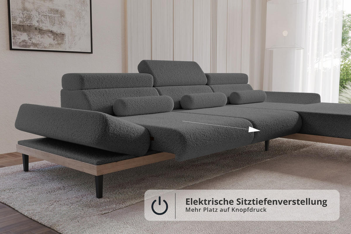 ELEKTRISCHES ECKSOFA Rechts MONA 316x205x85 Grau Bouclé - Silberfarben/Grau, Holzwerkstoff/Textil (316/205cm) - ALTDECOR
