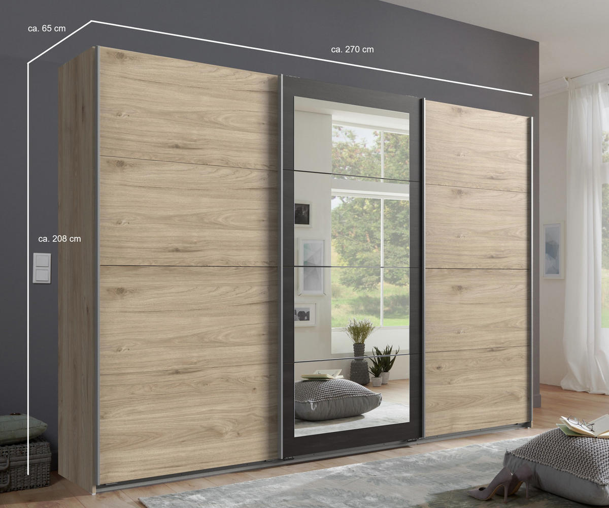 SCHWEBETÜRENSCHRANK 3-türig B270/H208/T65 cm in Eichen-Dekor mit Absetzungen in grauer Stahl-Optik / 22002 - Eichefarben/Alufarben, Holzwerkstoff/Metall (270/208/65cm) - luma-home