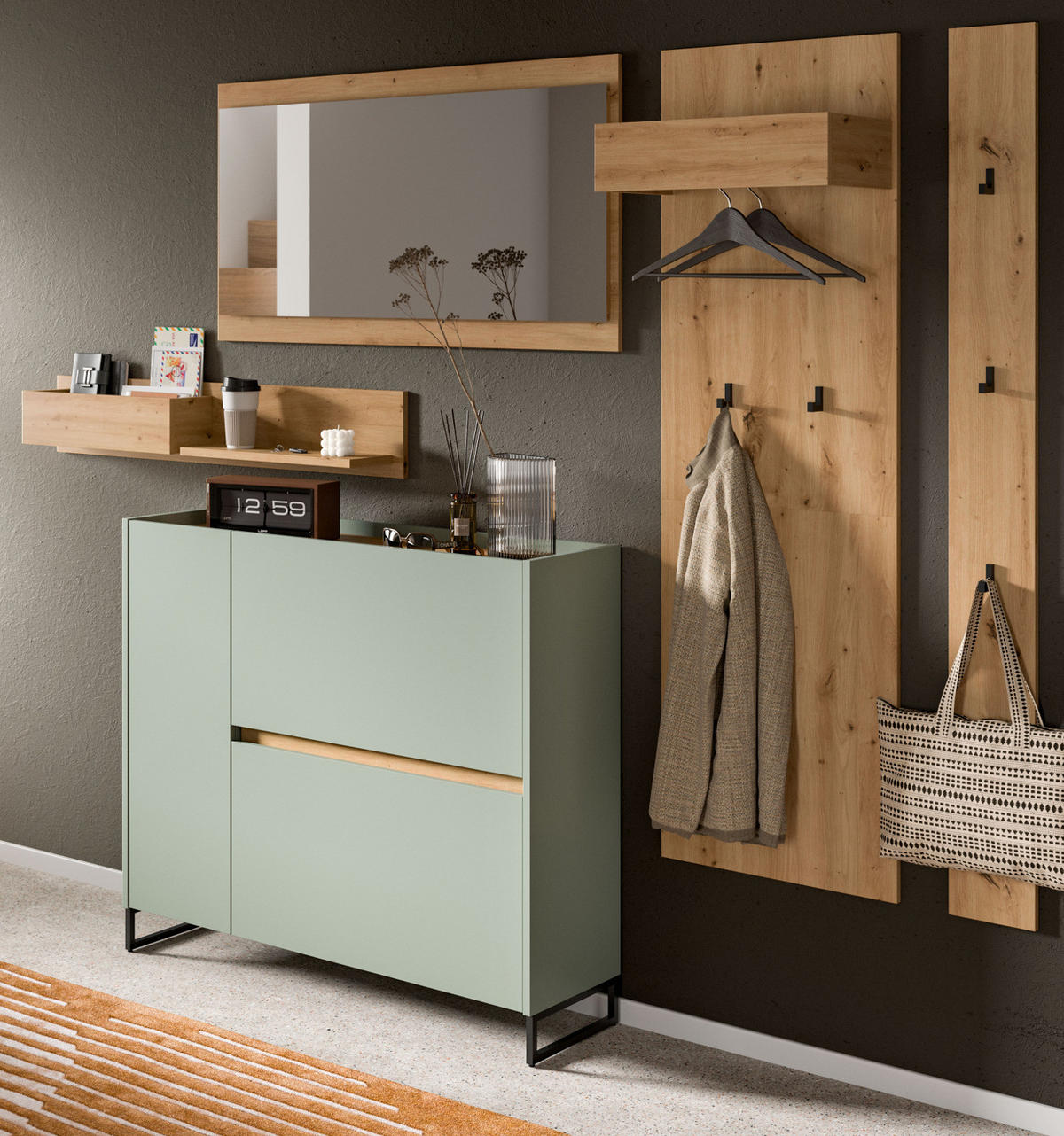 GARDEROBE-SET Salbei und Artisan Eiche, Garderobe 5-teilig, 236 x 192 cm, Soft-Close, Borga - Salbeigrün/Schwarz, Holzwerkstoff/Metall (236/192/32cm) - InnoFurn