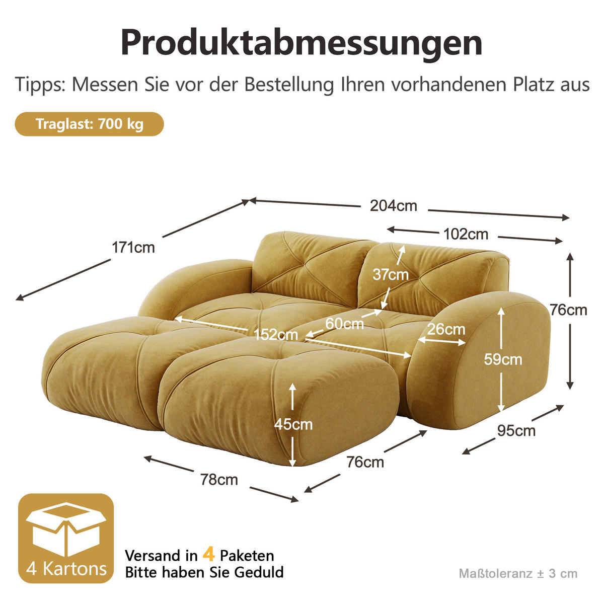 2-SITZER-SOFA DE-34276 mit 2 Hockern Gelb - Gelb, Textil (171/76/204cm) - ComfortXL