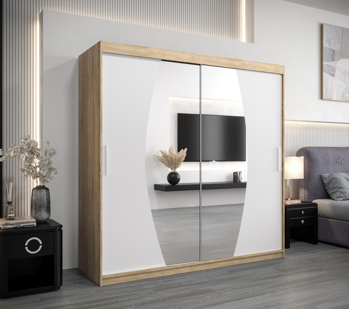 SCHWEBETÜRENSCHRANK 200/200/62 2-türig - Silberfarben/Weiß, Holz/Kunststoff (200/200/62cm) - Abiks Möbel