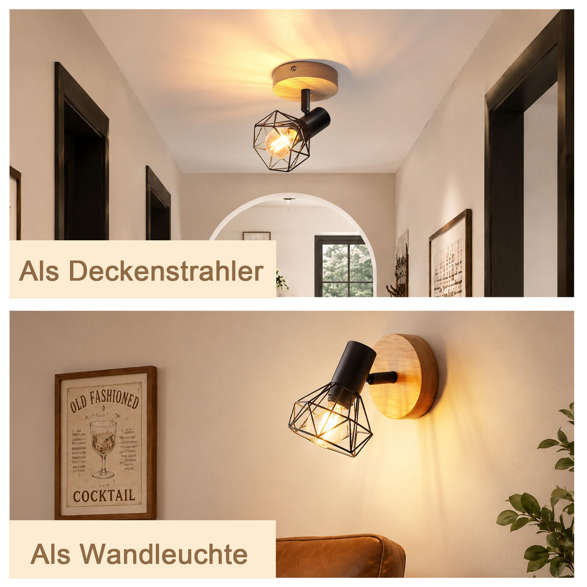 DECKENSTRAHLER Cynthveth 11.5/9.2/12.8 cm - Schwarz/Braun, Holz/Metall (11.5/9.2/12.8cm) - ZMH