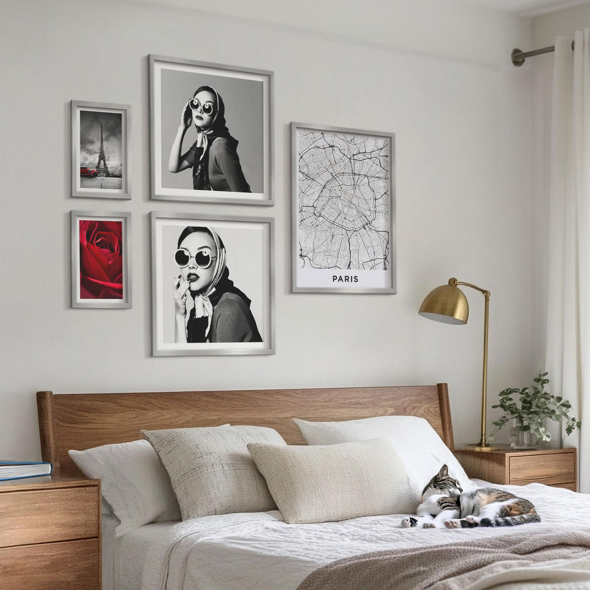 WANDBILDER 5er Set - 50x50 cm & 20x30 cm & 40x60 cm Silberner Rahmen - Pariserin mit Eiffelturmbrille - Silberfarben, Kunststoff (40/60cm) - ArtPrintCave
