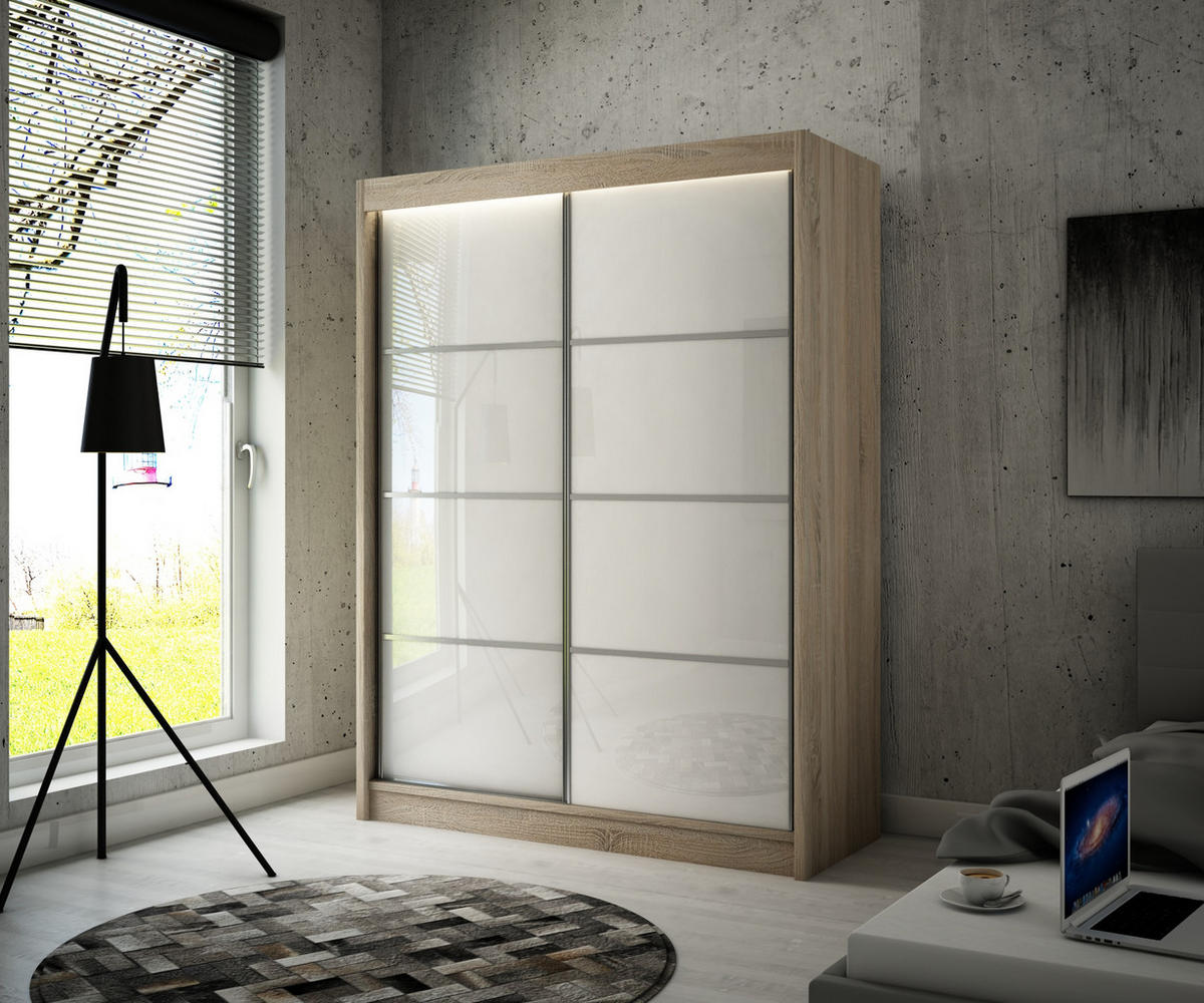 SCHIEBETÜRENSCHRANK TIPI III - Weiß/Sonoma Eiche, Holzwerkstoff (150/215/61cm) - Meblini