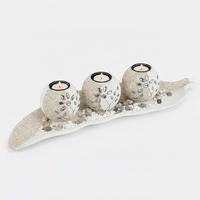 TEELICHTHALTER Weiß 3er-Set mit Dekoschale - Creme, Naturmaterialien/Holzwerkstoff (2.5cm) - Relaxdays