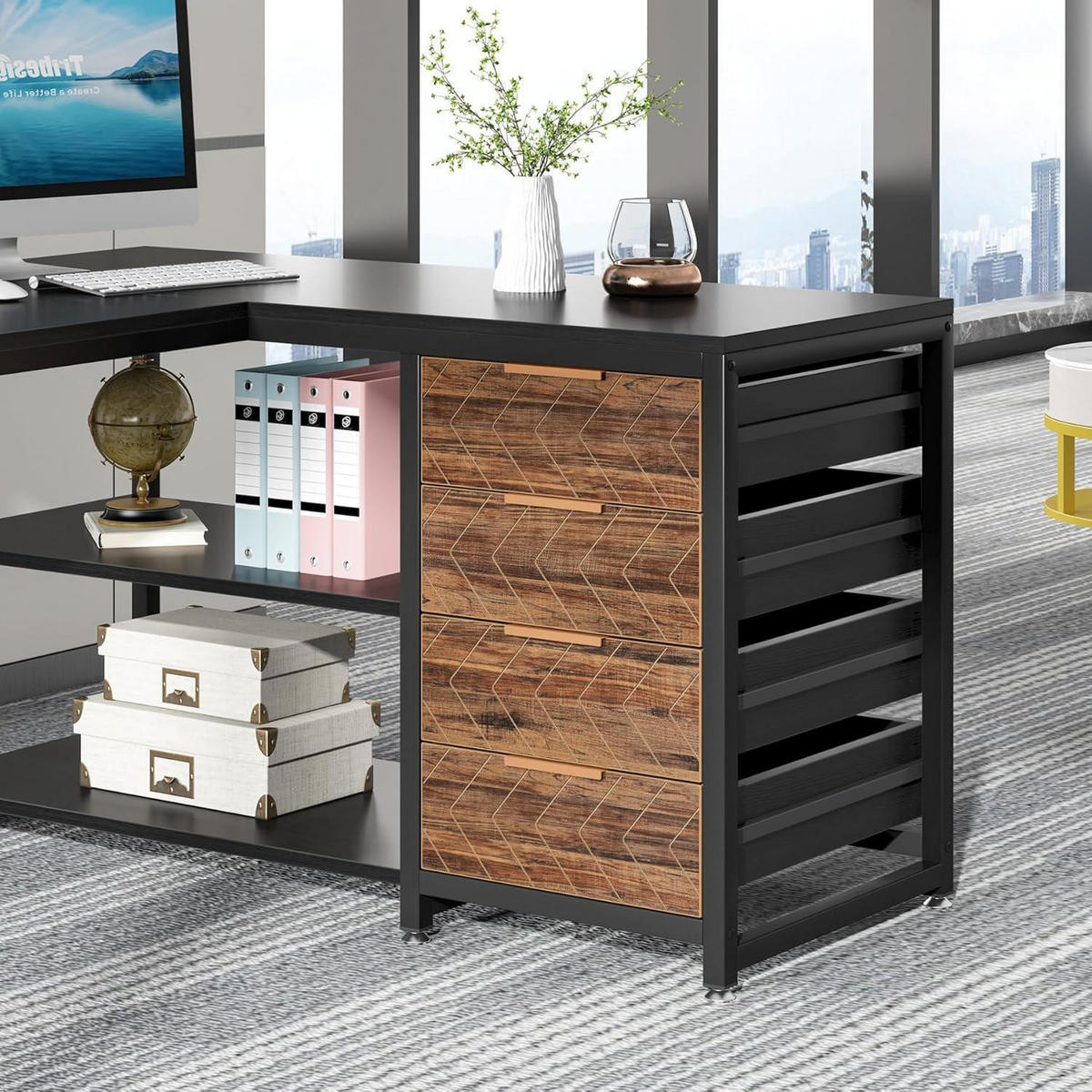 SCHREIBTISCH L-Form mit 4 Schubladen und 2 Ablagen 155 x 110 x 75 cm Schwarz - Multicolor, Holzwerkstoff (60/180/76cm)