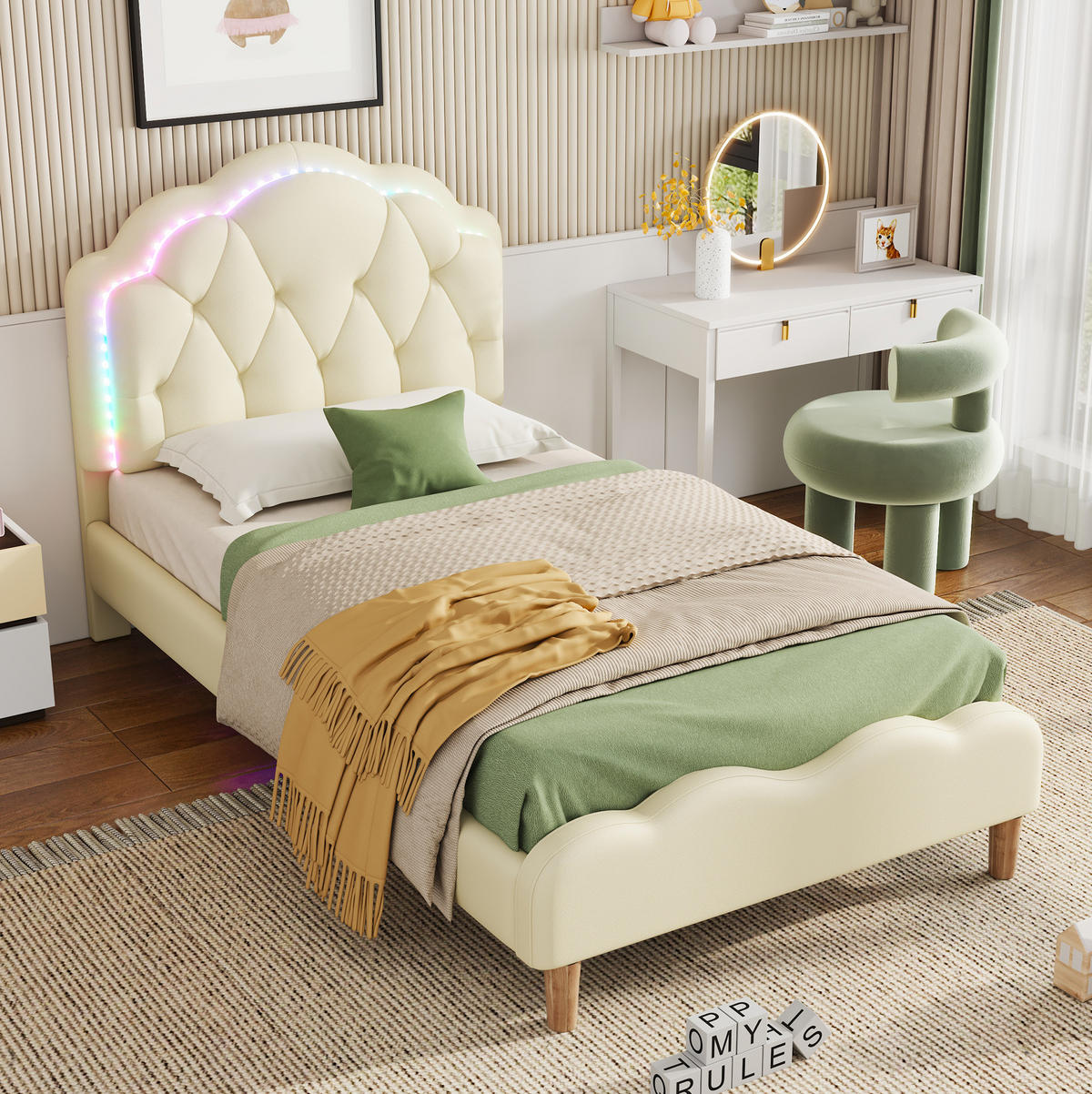 POLSTERBETT 90/200 cm Beige aus PU mit LED-Beleuchtung - Beige, Kunststoff (90/200cm) - Flora Grace