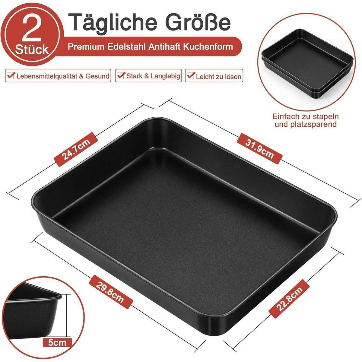 BACKBLECH 2er Set 31,6 x 24,6 x 5 cm Antihaft Edelstahl - Schwarz, Metall (31.6/5/5cm)