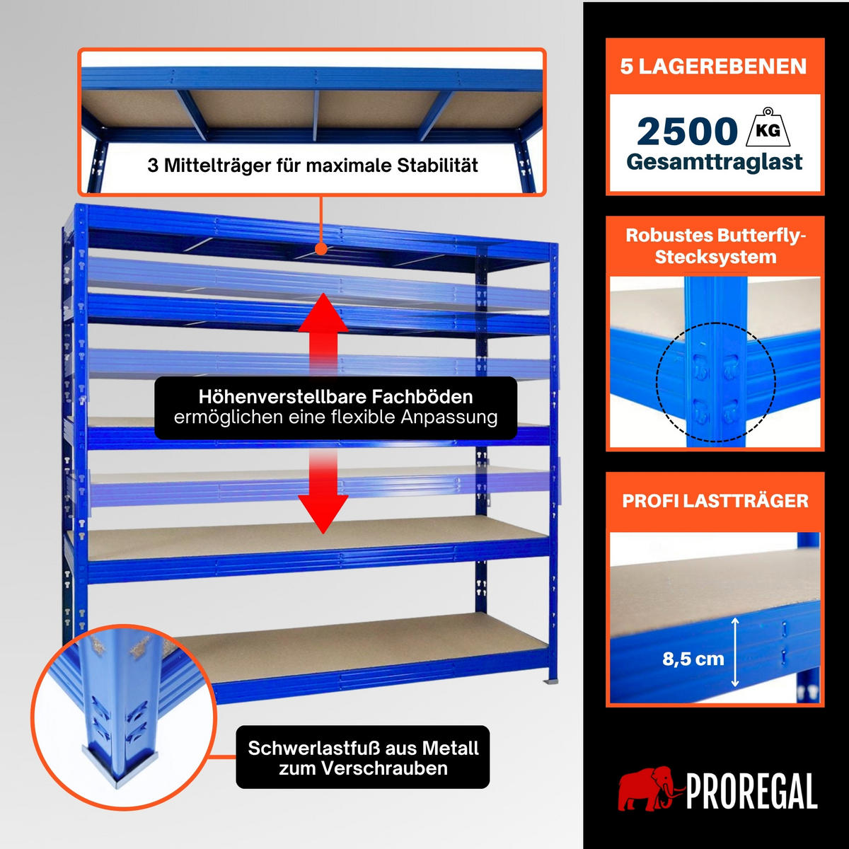 SCHWERLASTREGAL Rhino 180x200x60 cm 5 Spanplatten-Ebenen 8mm Fachlast 500 kg Blau - Blau, Metall (200/180/60cm) - PROREGAL