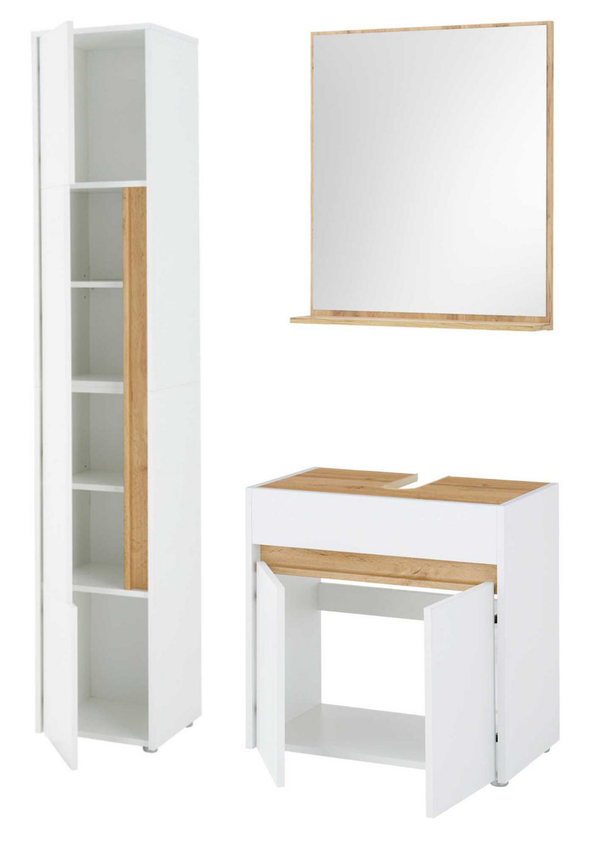 BADMÖBEL-SET 3-teilig weiß, Wotan Eiche, Badkombination 114 cm - Silberfarben/Eiche Wotan, Glas/Holz (116/200/34cm) - Furn.Design