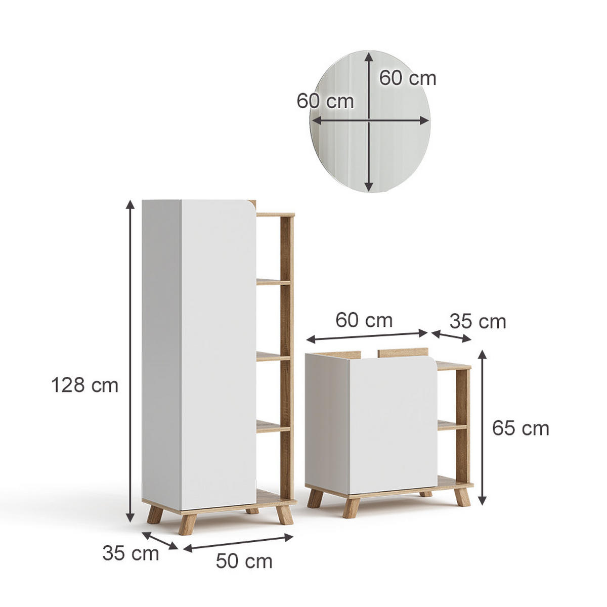 BADMÖBEL-SET Karen Sonoma/Weiß 3 Teile - Weiß/Sonoma Eiche, Holzwerkstoff (60/65/35cm) - Vicco