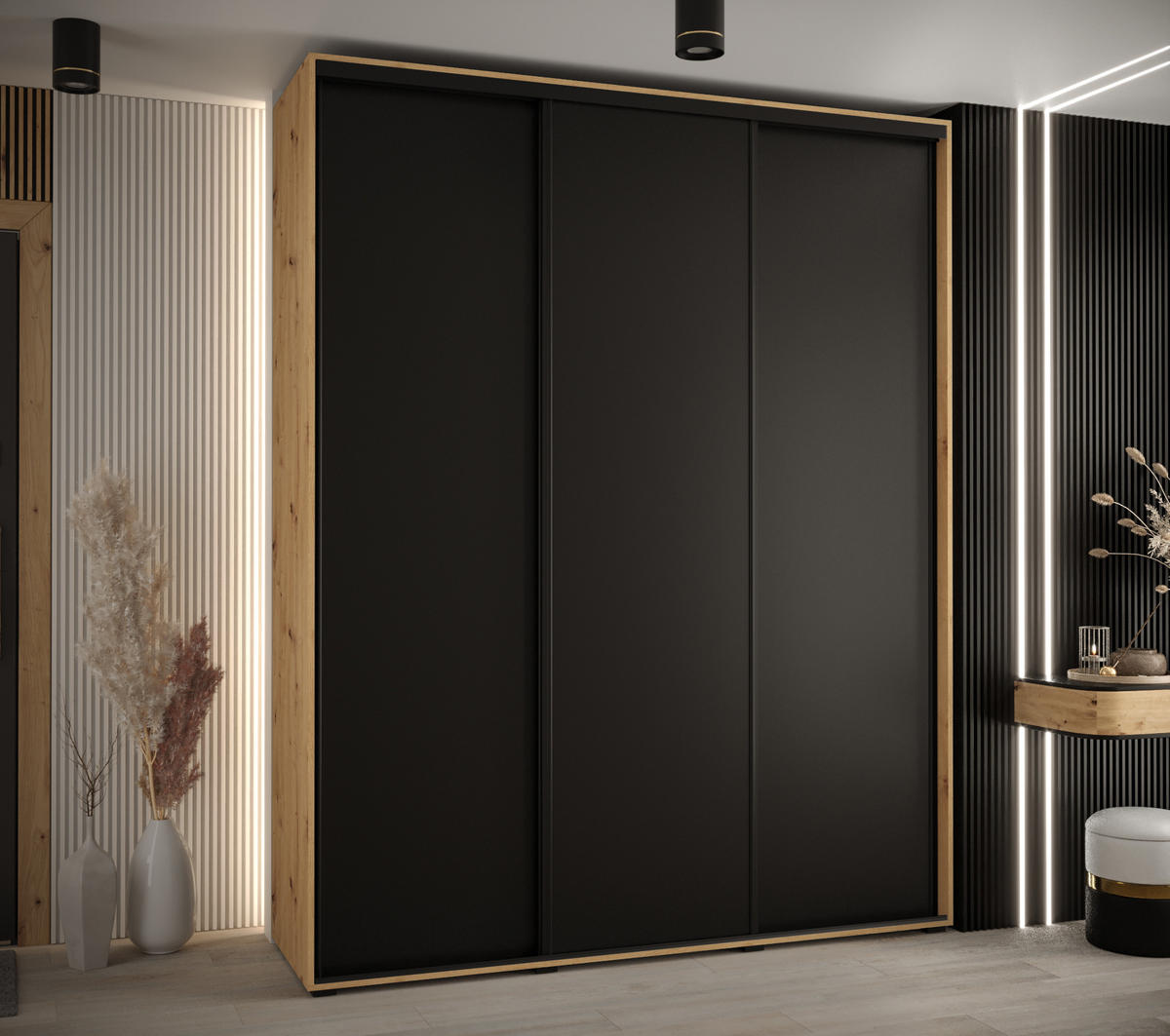 SCHWEBETÜRENSCHRANK 235,2/200/45 3-türig - Schwarz/Eiche Artisan, Holz/Metall (200/235/45cm) - Abiks Möbel