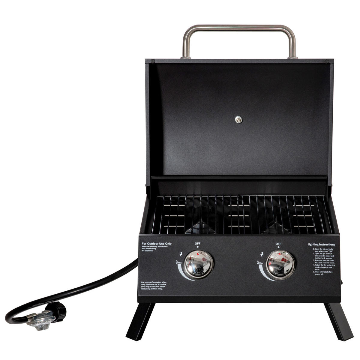 GASGRILL DE-18611 tragbar mit 2 Brennern & Thermometer Schwarz - Schwarz, Metall (46.5/41/55cm) - ComfortXL