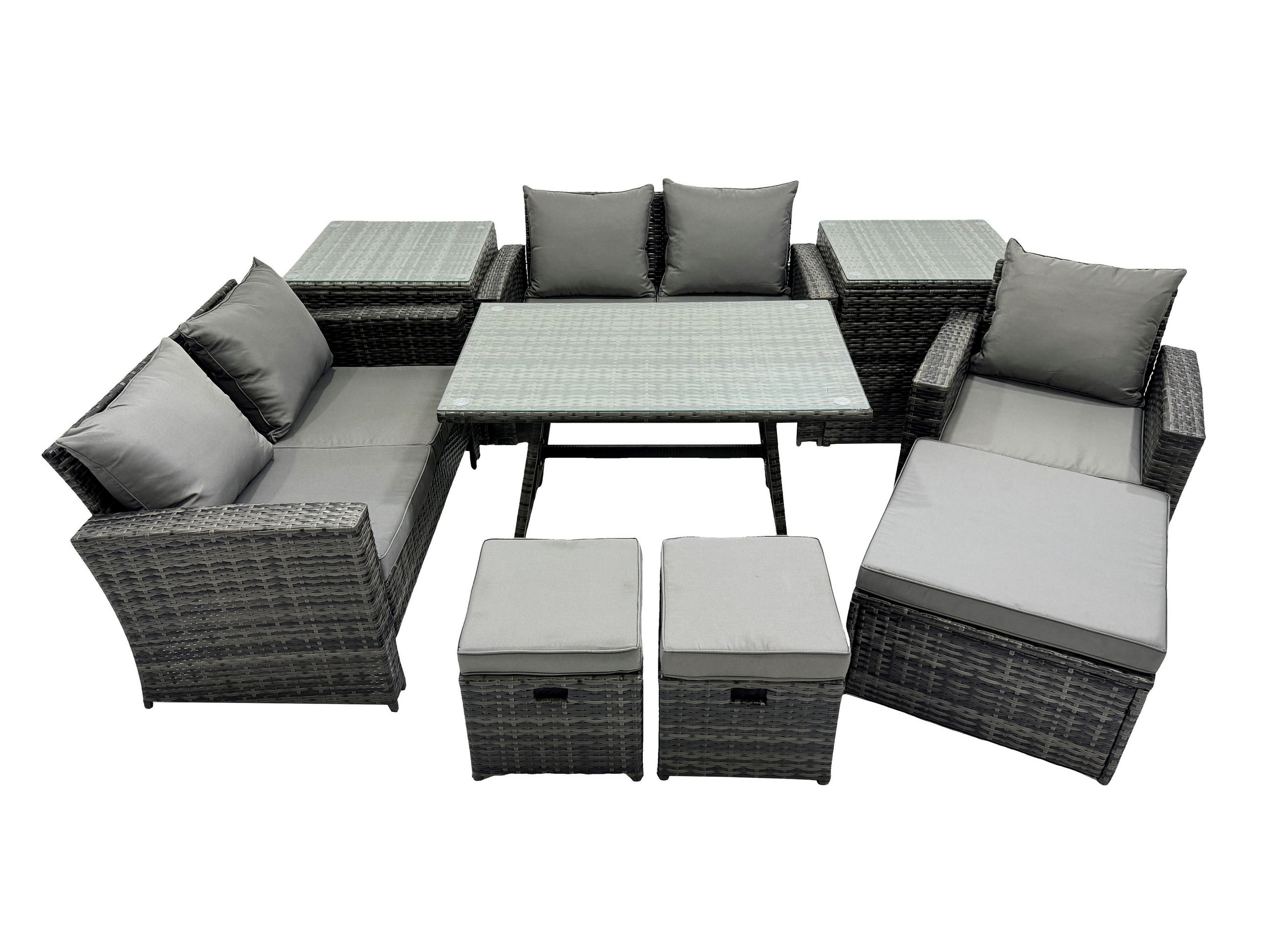GARTENMÖBELSET mit ESSTISCH,HOCHLEHNER-SOFA Polyrattan Dunkelgrauer Mix 8-Sitzer - Dunkelgrau/Grau, Glas/Kunststoff - Fimous