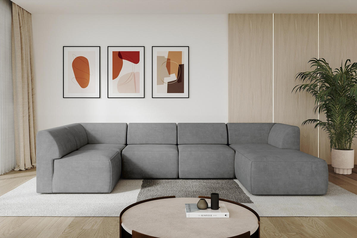 WOHNLANDSCHAFT Ottomane Rechts MOVO-L 345x180x78 cm Grau Velours - Taupe/Schwarz, Holzwerkstoff/Kunststoff (345/78/180cm) - ALTDECOR