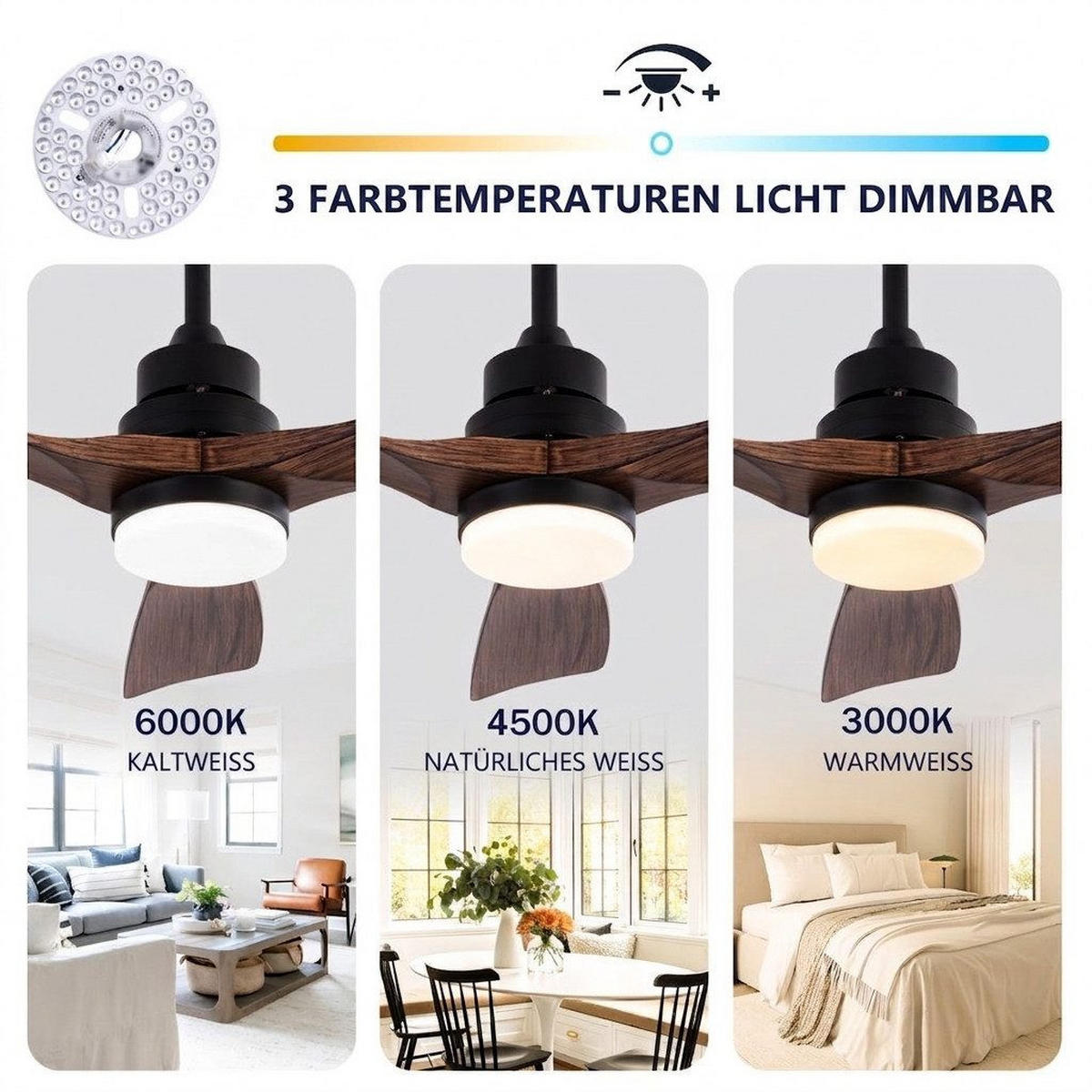 DECKENLEUCHTE mit 3 Holzflügeln, 3-Stufen Dimmer, DC-Motor - Schwarz, Holzwerkstoff (107/107/45.7cm) - BEXEVUE