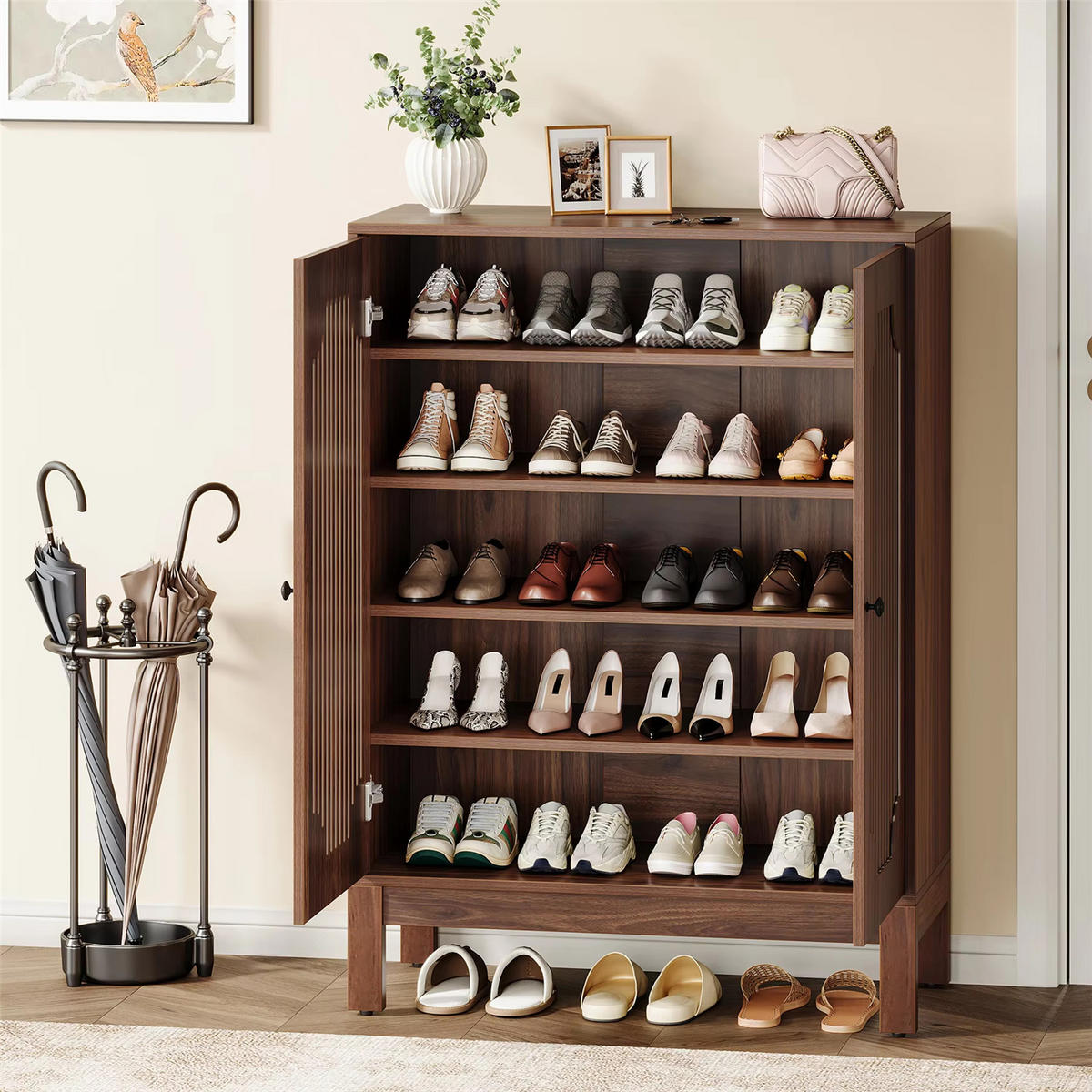 SCHUHSCHRANK Walnuss 5 Ebenen mit Türen - Braun, Holz (80/110/35cm) - Kaket