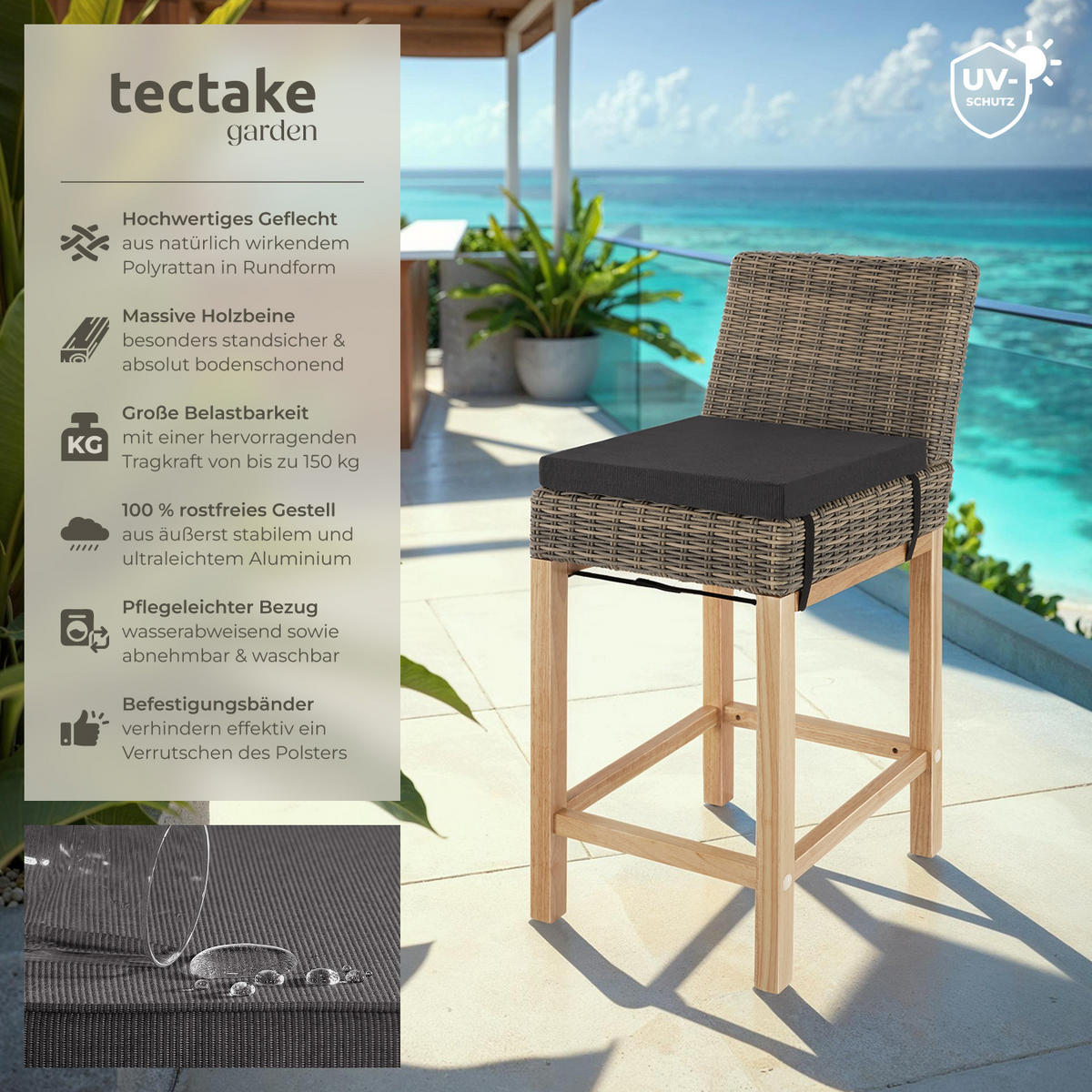 RATTAN-BARSTUHL Latina,inklusive Sitzpolster, 45 x 62,5 x 99 cm,natur - Naturfarben, Kunststoff (45/99/62.5cm) - tectake
