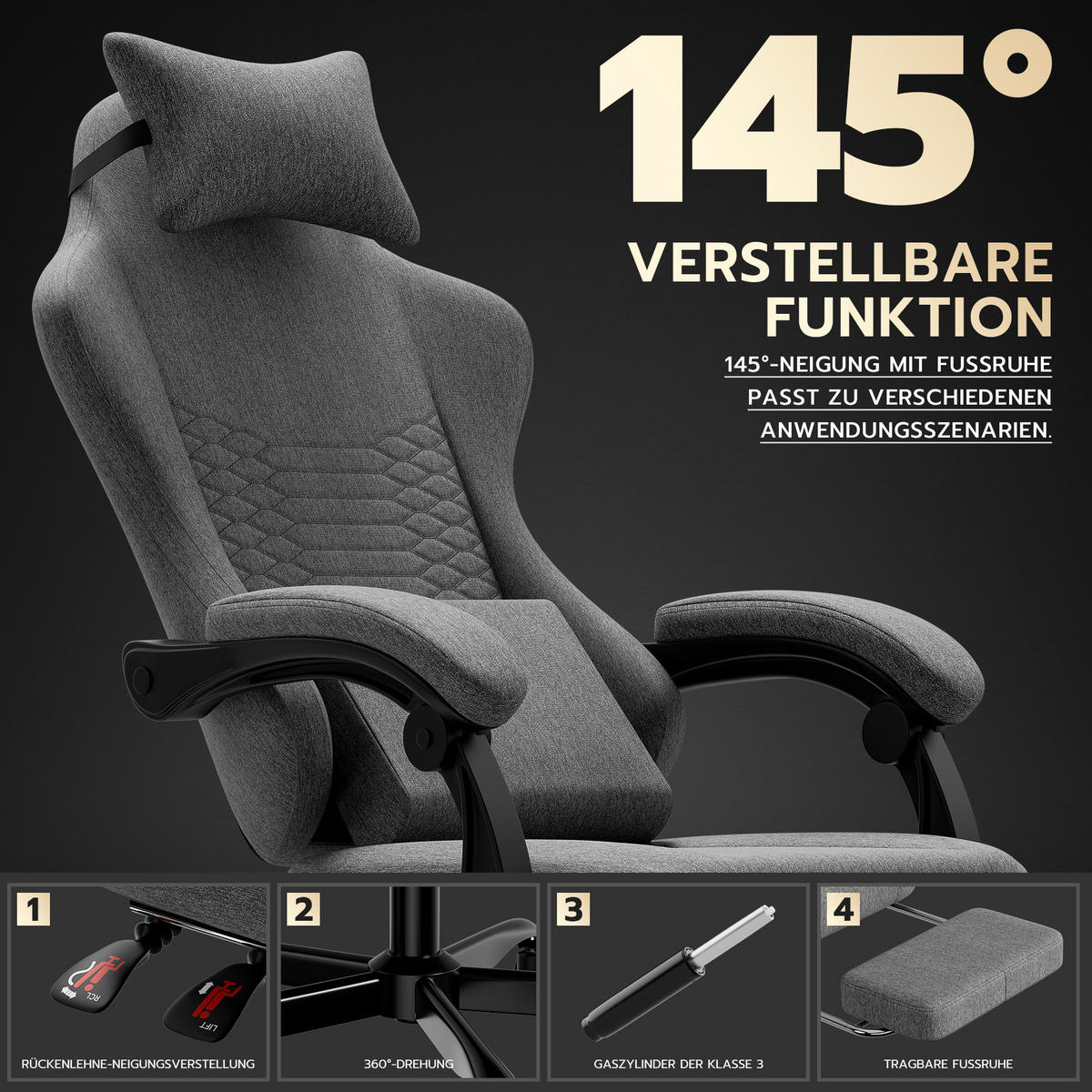 GAMING-STUHL ergonomisch Stoff Light Gray mit Fußstütze - Hellgrau, Kunststoff (63/120.5/58.5cm) - Meubliv