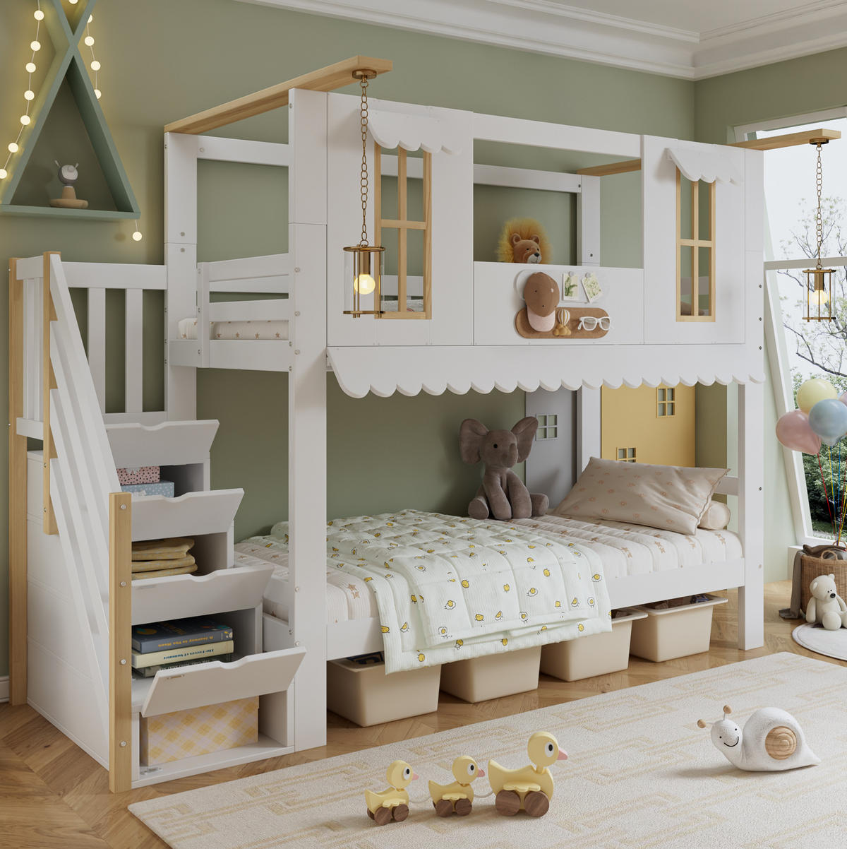 POSCHODOVÁ posteľ 90/200 cm biela/prírodná z masívneho dreva a MDF s úložnými schodmi - biela, drevo (90/200cm) - OKWISH