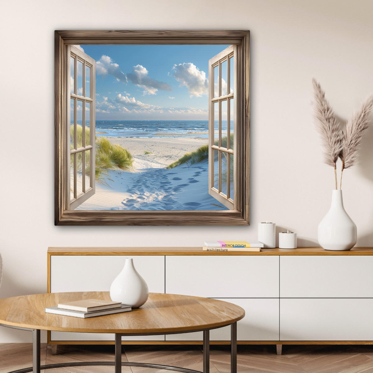 LEINWANDBILD Aussicht - Strand - Fenster - Dünen - Meer 90x90 cm - Hellblau, Textil (90/90cm) - MuchoWow