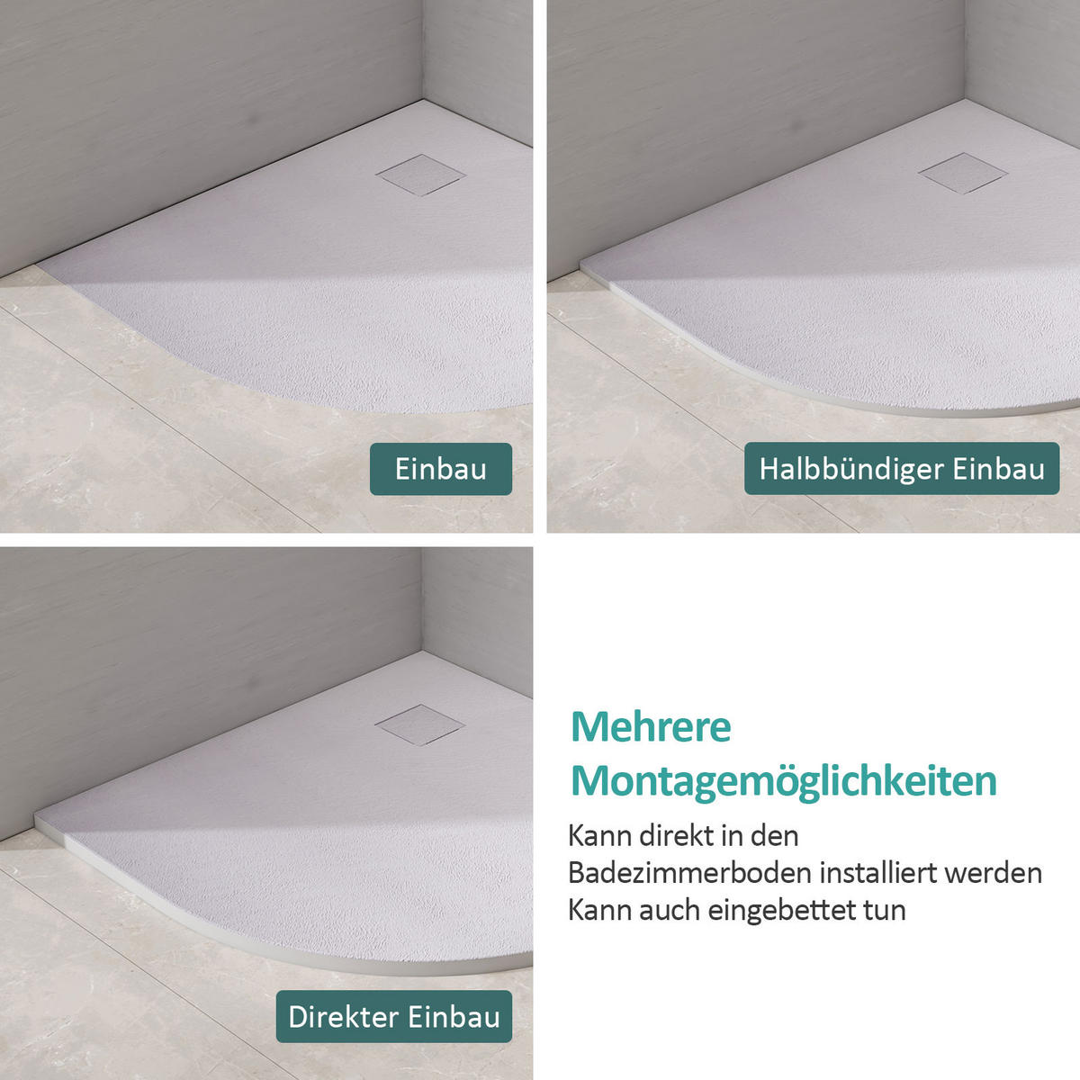 DUSCHWANNE Viertelkreis mit rutschhemmender Oberfläche 90/90 cm, Weiß - Weiß, Naturmaterialien (90/2.6/90cm) - EMKE