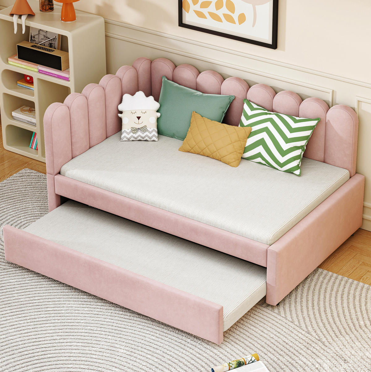 BETT aus Samtstoff 140x200 cm Rosa mit Ausziehbett, L-Form und blütenblattförmiger Rückenlehne - Rosa, Leder (140/200cm) - Modfu