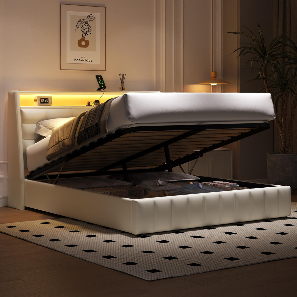 POLSTERBETT 160/200 cm Weiß mit LED-Beleuchtung USB-Anschlüssen und Stauraum - Weiß, Textil (160/200cm) - OKWISH