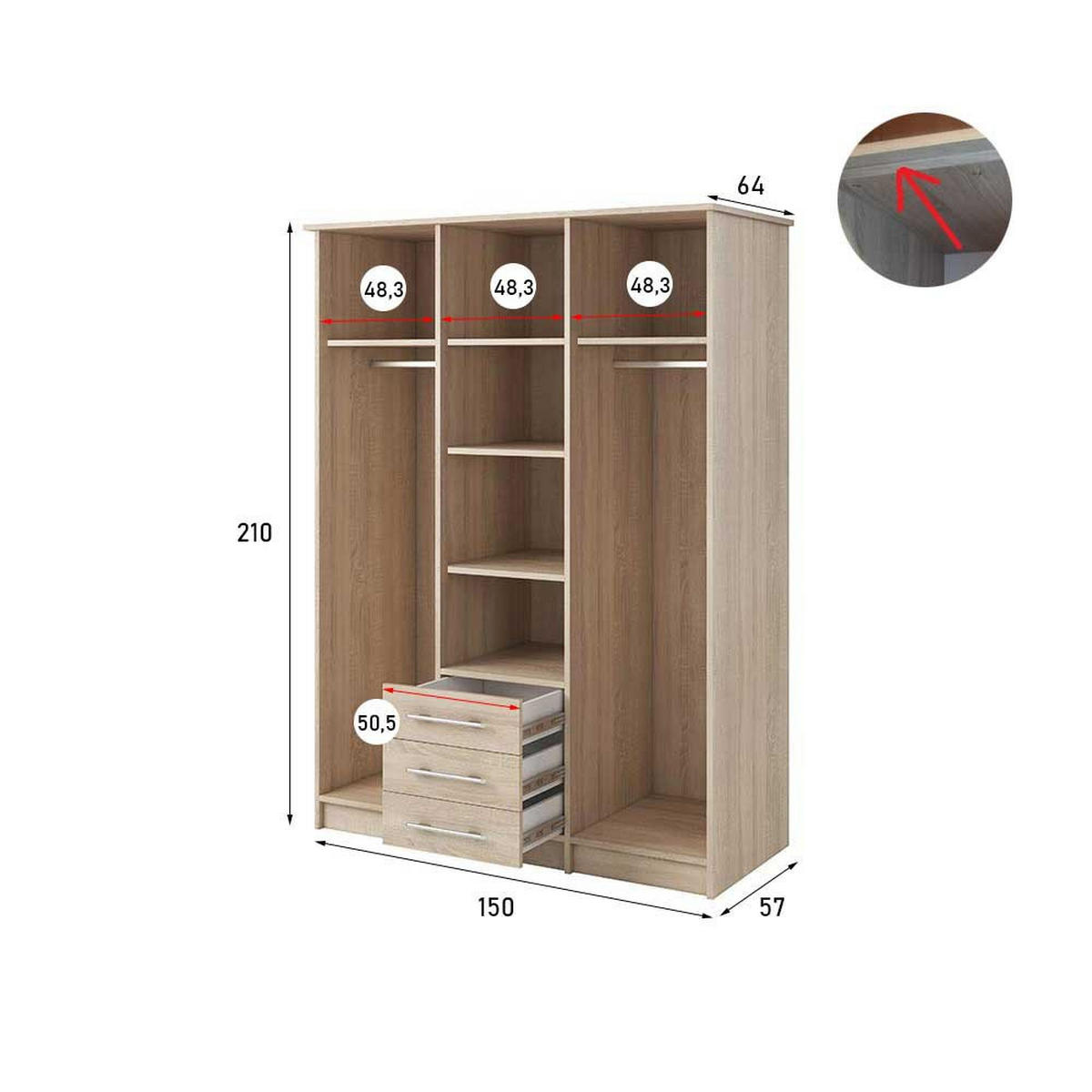 DREHTÜRENSCHRANK 150/207/57/61cm Szantal 3D Weiß/Weiß - Alufarben/Weiß, Holzwerkstoff/Kunststoff (150/210/64cm) - imoebel24