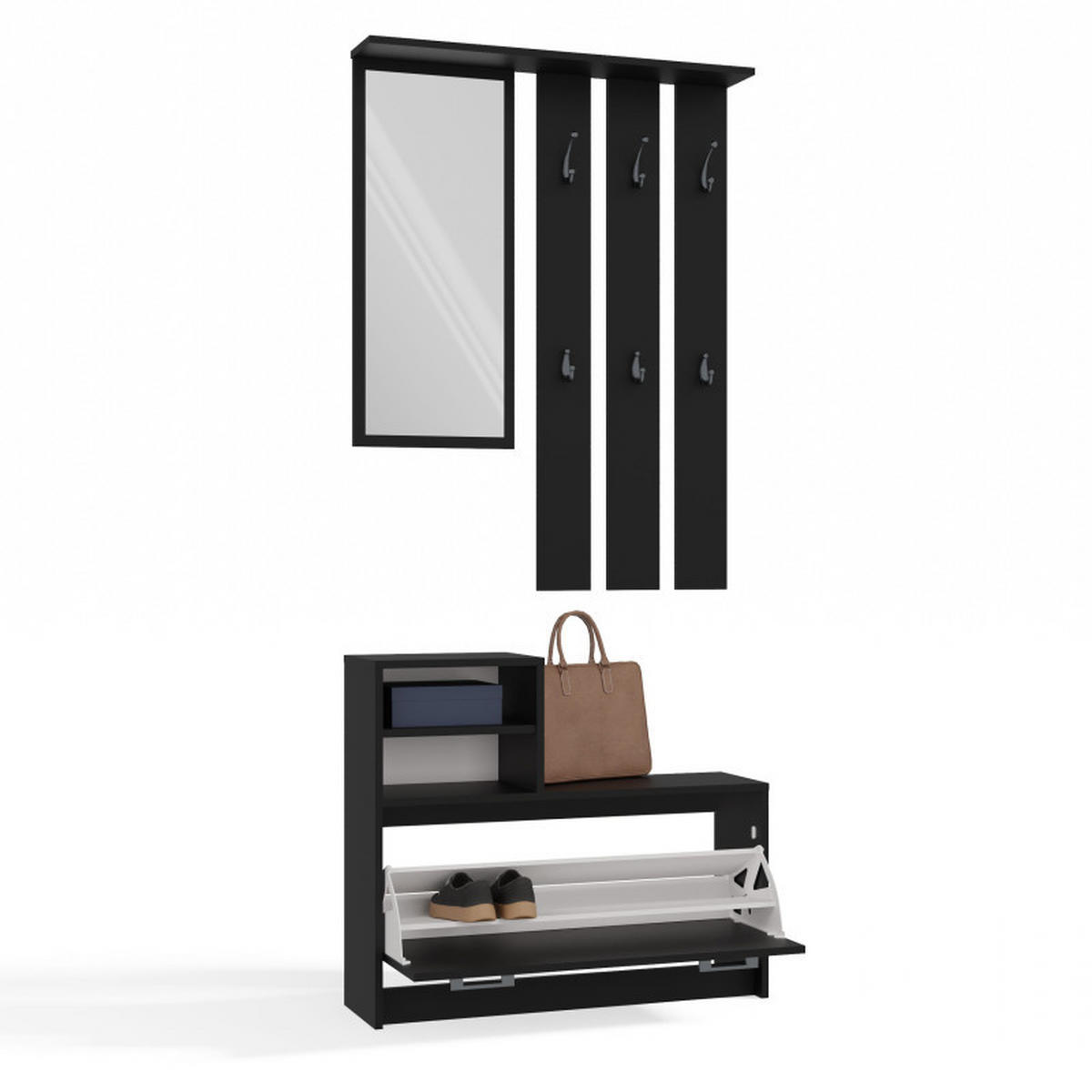 GARDEROBE set de mobilier pentru hol cu oglindă, negru 85/180/24 - negru, compozit lemnos (85/180/24cm) - RAUMHIRSCH FURNITURE