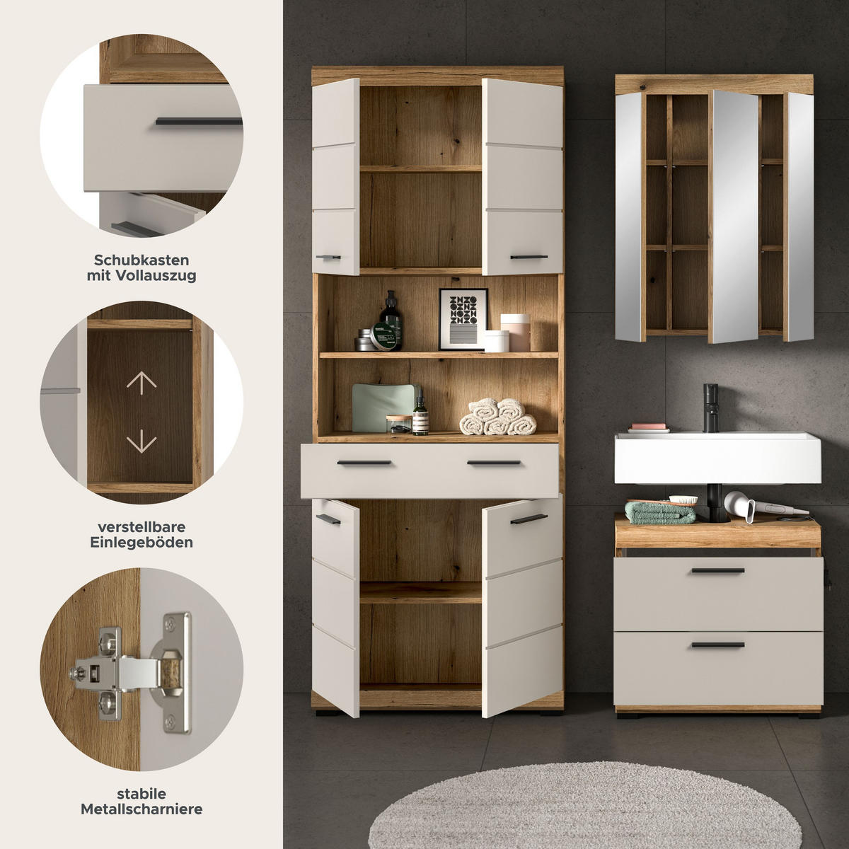 BAD-SET SCOUT 3-tlg. (B/H/T: ca. 149/191/34 cm) in Evoak Oak Nachbildung/- - Eichefarben, Holz (149/191/34cm)