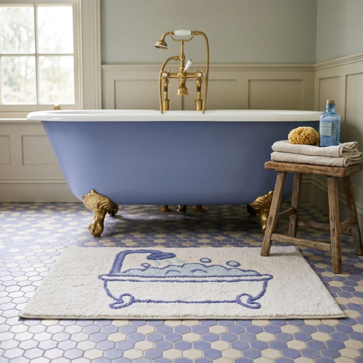 BADTEPPICH Happy Bath 50/80 cm, creme-blau, 100 % Baumwolle - Blau, Textil (50/80cm) - Homescapes