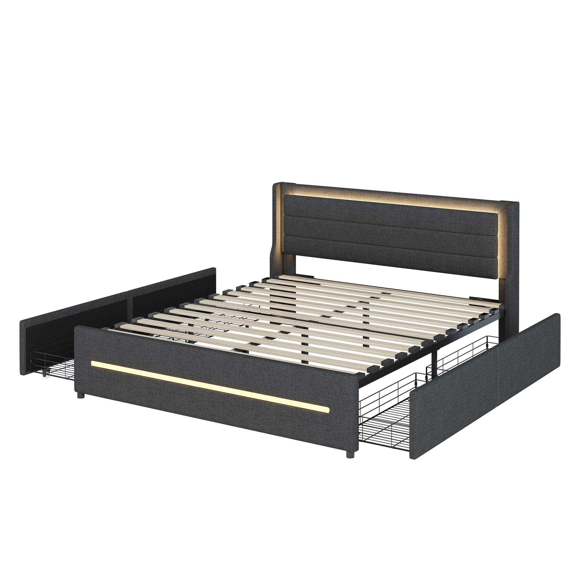 POLSTERBETT 160/200 cm DE-01937, in Grau, mit LED-Beleuchtung und 4 Schubladen - Grau, Metall (160/200cm) - ComfortXL