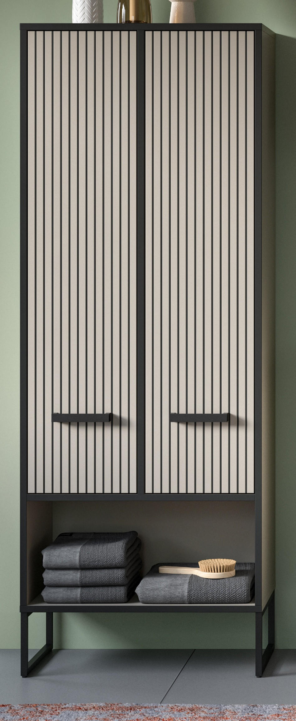 HOCHSCHRANK schwarz, sand 59 cm, Badschrank mit Soft-Close - Sandfarben/Schwarz, Holzwerkstoff/Metall (59/159/32cm) - Inn.Furn