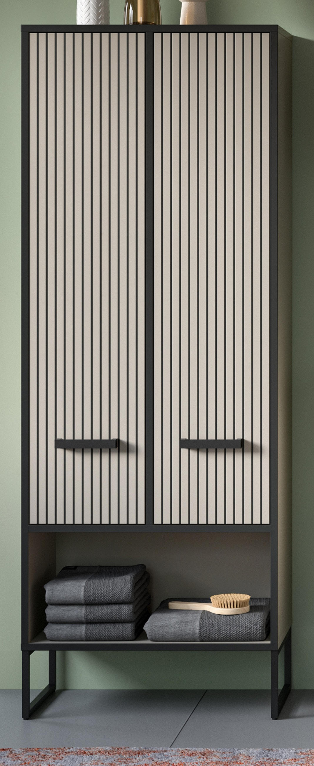 HOCHSCHRANK schwarz, sand 59 cm, Badschrank mit Soft-Close - Sandfarben/Schwarz, Holzwerkstoff/Metall (59/159/32cm) - Inn.Furn
